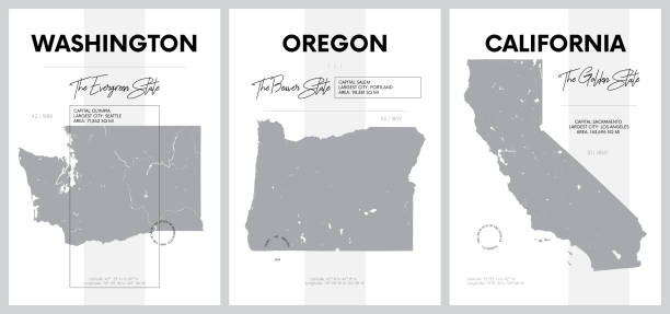 미국, 디비전 퍼시픽 - 워싱턴, 오리건, 캘리포니아 - 17의 설정의 매우 상세한 실루엣 벡터 포스터 - california map counties county stock illustrations