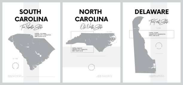 illustrations, cliparts, dessins animés et icônes de affiches vectorielles avec des silhouettes très détaillées de cartes des états d'amérique, division atlantique sud - caroline du sud, caroline du nord, delaware - ensemble 9 de 17 - south carolina map cartography outline