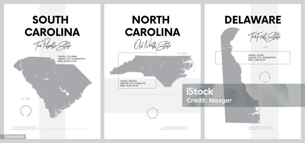 Векторные плакаты с очень подробными силуэтами карт штатов Америки, Дивизия южная Атлантика - южная Каролина, Северная Каролина, Делавэр - н - Векторная графика Карта роялти-фри