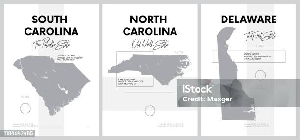 Векторные Плакаты С Очень Подробными Силуэтами Карт Штатов Америки Дивизия Южная Атлантика Южная Каролина Северная Каролина Делавэр Н — стоковая векторная графика и другие изображения на тему Карта