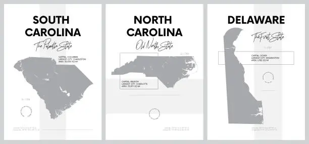 Vector illustration of Vector posters with highly detailed silhouettes of maps of the states of America, Division South Atlantic - South Carolina, North Carolina, Delaware - set 9 of 17