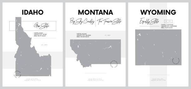 ilustrações de stock, clip art, desenhos animados e ícones de vector posters with highly detailed silhouettes of maps of the states of america, division mountain - idaho, montana, wyoming - set 15 of 17 - wyoming map county counties