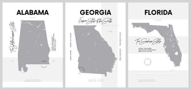 Vector posters with highly detailed silhouettes of maps of the states of America, Division South Atlantic and East South Central - Alabama, Georgia, Florida - set 10 of 17 Vector posters with highly detailed silhouettes of maps of the states of America, Division South Atlantic and East South Central - Alabama, Georgia, Florida - set 10 of 17 alabama map stock illustrations