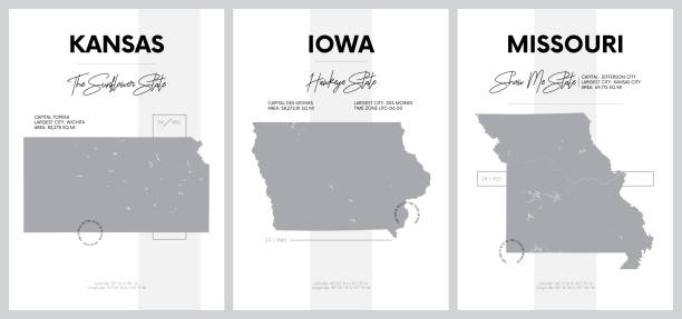 ilustraciones, imágenes clip art, dibujos animados e iconos de stock de carteles vectoriales con siluetas muy detalladas de mapas de los estados de américa, división oeste norte central - kansas, iowa, missouri - set 6 de 17 - kansas map design state