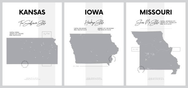미국, 디비전 웨스트 노스 센트럴 - 캔자스, 아이오와, 미주리 의지도의 매우 상세한 실루엣 벡터 포스터 - 설정 6 의 17 - kansas map cartography county stock illustrations