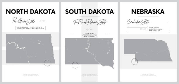 wektorowe plakaty z bardzo szczegółowymi sylwetkami map stanów ameryki, dywizji west north central - dakota północna, dakota południowa, nebraska - zestaw 7 z 17 - map dakota south dakota north stock illustrations