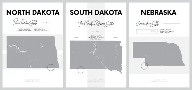 Vector illustration of Vector posters with highly detailed silhouettes of maps of the states of America, Division West North Central - North Dakota, South Dakota, Nebraska - set 7 of 17