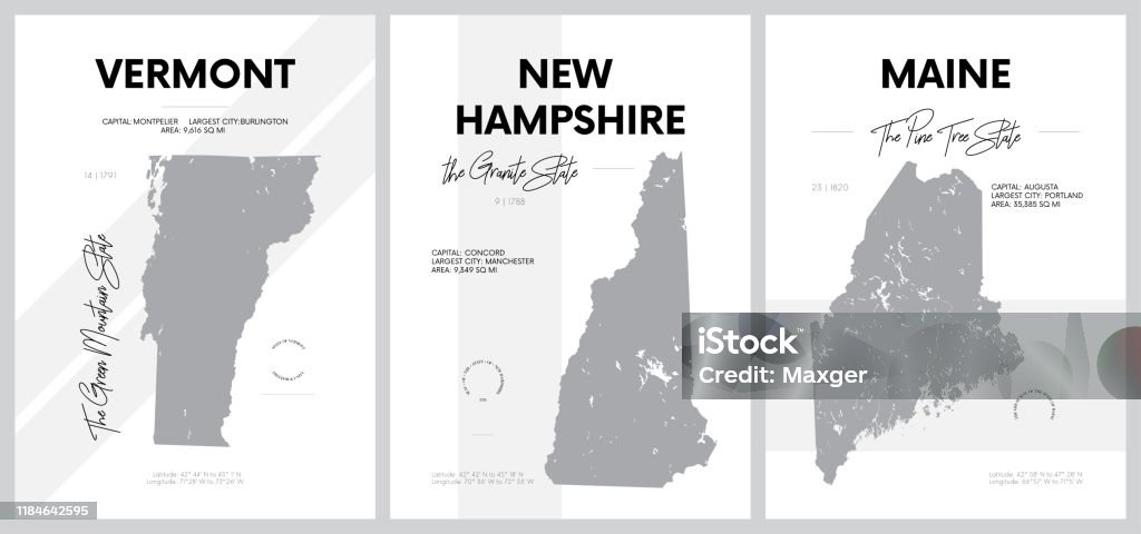 Amerika, Division New England - Vermont, New Hampshire, Maine - 1 17 set haritaları son derece ayrıntılı siluetleri vektör posterler - Royalty-free Harita Vector Art