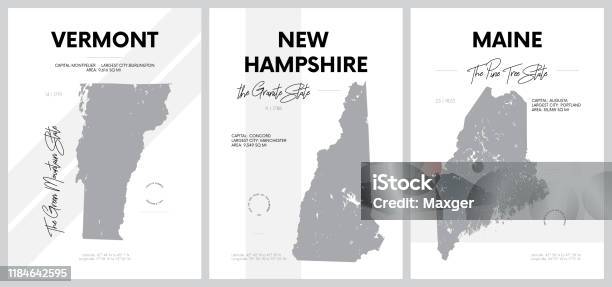 Amerika Division New England Vermont New Hampshire Maine 1 17 Set Haritaları Son Derece Ayrıntılı Siluetleri Vektör Posterler Stok Vektör Sanatı & Harita‘nin Daha Fazla Görseli