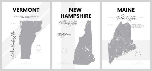 帶有美國各州地圖非常詳細的輪廓的向量海報， 新英格蘭分區 - 佛蒙特州， 新罕布什爾州， 緬因州 - 設置 1 的 17 - manchester united 幅插畫檔、美工圖案、卡通及圖標