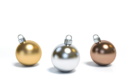 Golden, Silver, Copper Ornaments Christmas ball on white background 3d rendering. 3d illustration minimal style christmas and new year concept. Clipping path included.