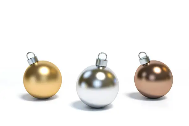 Photo of Golden, Silver, Copper Ornaments Christmas ball on white background