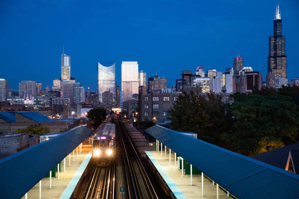 istock Subway train and Chicago downtown - Transportation in Chicago, IL 1184644760