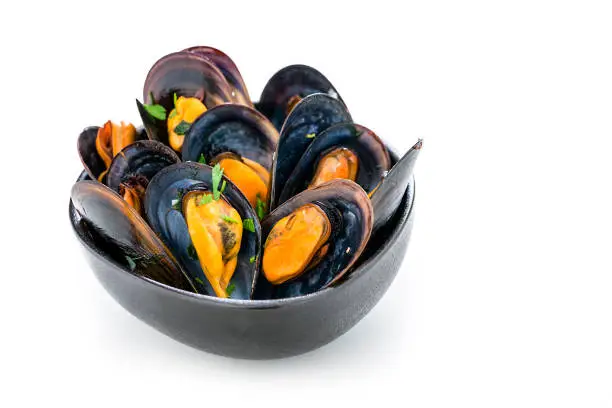 Steamed mussels in a black bowl isolated on white background. Selective focus on mussels. The composition is at the left of an horizontal frame leaving useful copy space for text and/or logo at the right. Predominant colors are black, orange and white. XXXL 42Mp studio photo taken with Sony A7rii and Sony FE 90mm f2.8 macro G OSS lens