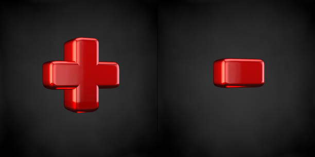 Red plus and minus symbols isolated on black background. 3d red glossy alphabet font.