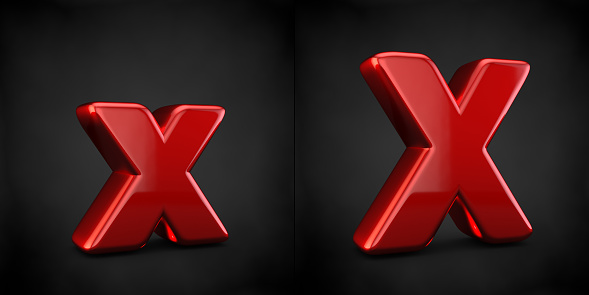Red letter X isolated on black background. 3d red glossy alphabet font.