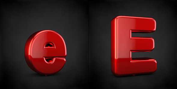 Red letter E isolated on black background. 3d red glossy alphabet font.