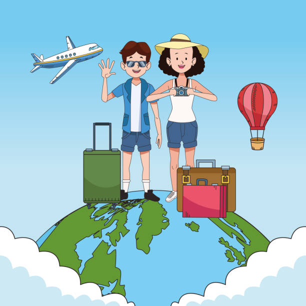istock tourist couple with world planet characters 1184652662