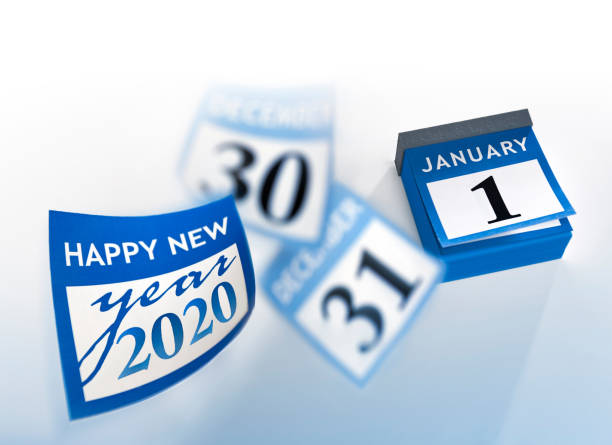 tear-off-kalender zeigt glückliches neues jahr 2020 - kalender abreißen stock-fotos und bilder