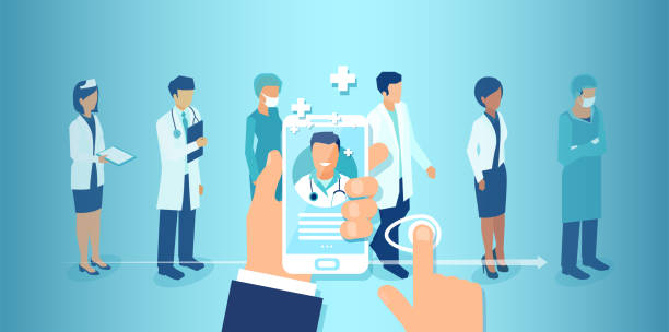 ilustrações, clipart, desenhos animados e ícones de paciente usando um aplicativo de saúde em seu smartphone fazendo uma escolha médico - dentist patient healthcare and medicine vector