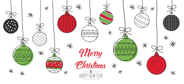 ilustraciones, imágenes clip art, dibujos animados e iconos de stock de tarjeta de navidad con bolas - adorno de navidad