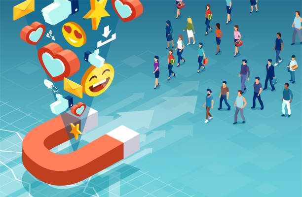 Isometric vector of customers men and women making their product choice Social media marketing and target audience concept. Isometric vector of customers men and women making their product choice target market stock illustrations
