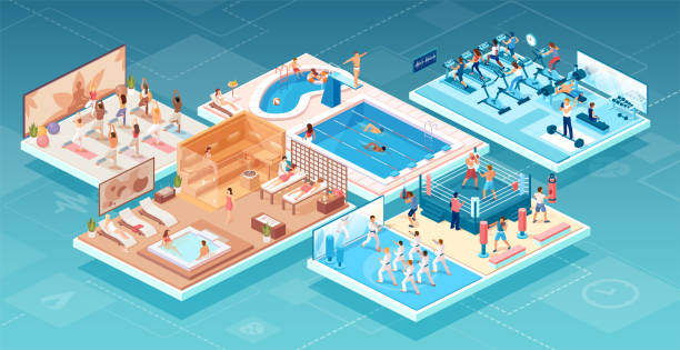izometrický vektor lidí, kteří cvičí sport a relaxují ve fitness a wellness centru v různých oblastech cvičení - plavecký bazén sportoviště stock ilustrace