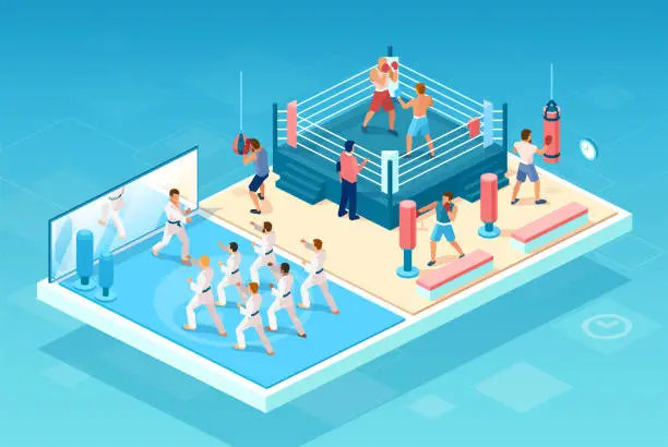 Vector illustration of Vector of a boxing, karate club with professional fighters training