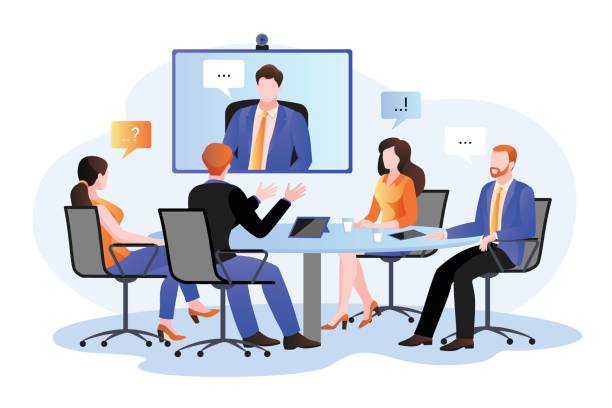 Group of businesspeople at the video conference call. Vector flat cartoon illustration. Online meeting with director Business team at the video conference call in boardroom. Vector flat cartoon illustration. Online meeting with CEO, manager or director. Consulting and training concept. manager illustrations stock illustrations