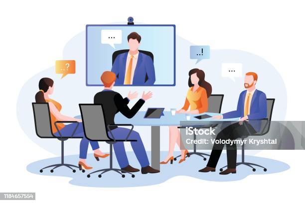 Group Of Businesspeople At The Video Conference Call Vector Flat Cartoon Illustration Online Meeting With Director Stock Illustration - Download Image Now
