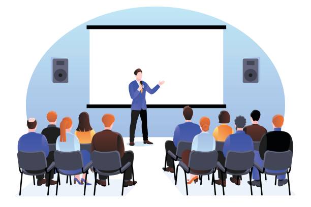 People at the seminar, presentation, conference. Vector illustration. Business training, coaching and education concept Group of people at the seminar, presentation or conference. Vector flat cartoon illustration. Professional speaker coach speaks to the audience. Business training, coaching and education concept. presentation speech stock illustrations