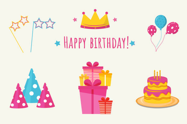 istock Birthday party flat vector illustrations set. Holiday celebration isolated stickers, cliparts pack. Birthday hats, balloon, cake, gifts elements. Greeting card, festive banner design layout 1184664887