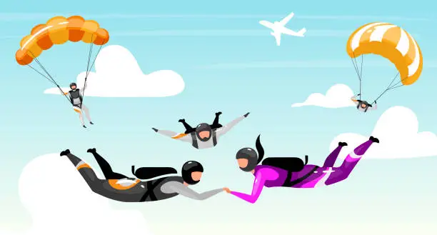 Vector illustration of Skydiving flat vector illustration. Couple outdoor activities. Extreme sports. Teamwork parachuting. Cloudscape, sky jump. Active lifestyle, fun entertainment. Paratroopers cartoon characters