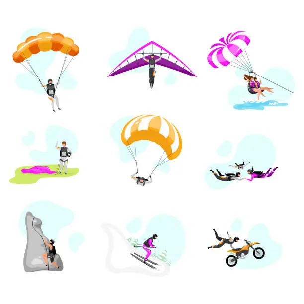 Vector illustration of Extreme sport flat vector illustrations set. Couple paragliding, skydiving. Parachuting, hang gliding, skiing. Rock climbing. Motorcycle stunts. Sports people isolated cartoon characters