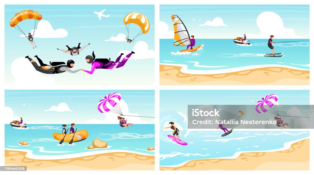 Ilustración de Conjunto De Ilustraciones Vectoriales Planas Deportivas  Extremas Pareja De Paracaidismo Surf Paracaidismo Actividades Divertidas En  La Playa Windsurf Oceánico Vacaciones De Verano Actividades Acuáticas Al  Aire Libre Extremals Personajes De