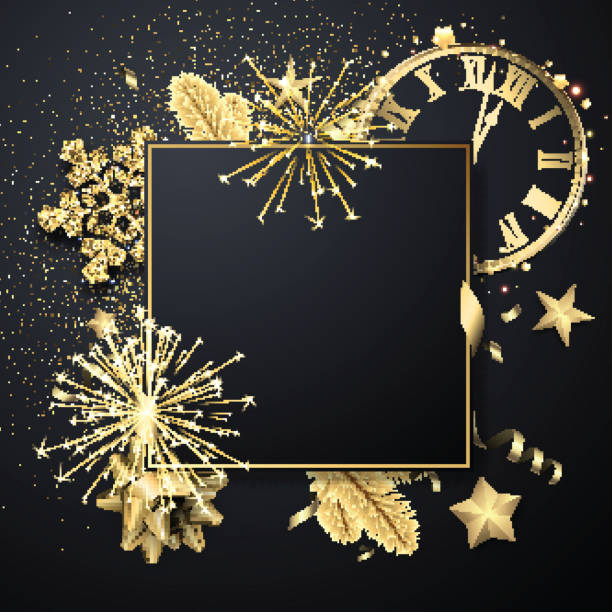 Christmas square greeting card template with golden shiny snowflakes, clock and fireworks. Happy New Year square greeting card template with golden shiny snowflakes, clock and fireworks. Vector Illustration. clock borders stock illustrations