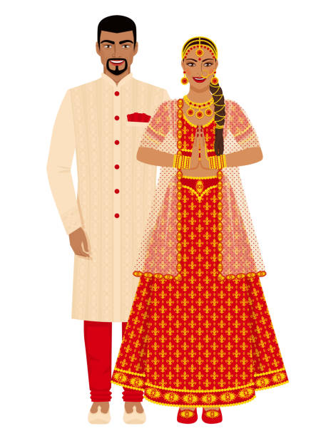 illustrations, cliparts, dessins animés et icônes de couples indiens de mariage dans des costumes traditionnels - traditional clothing illustrations