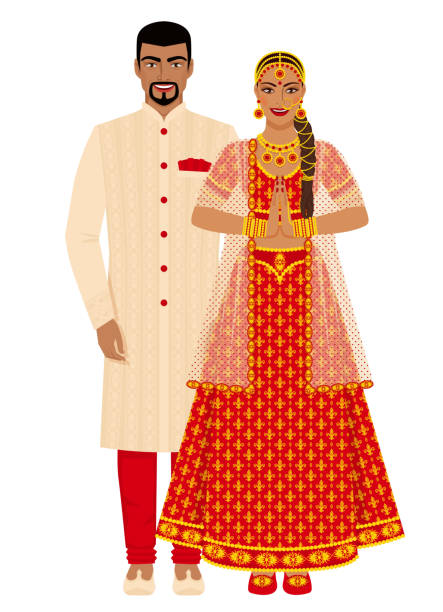 индийская свадебная пара в традиционных костюмах - traditional clothing illustrations stock illustrations