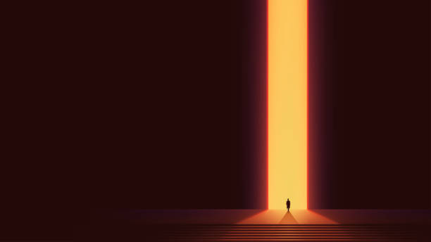 mann silhouette vor leuchtenden portal, futuristischen vektor hintergrund, abstrakte cyberpunk-architektur mit farbverlauf beleuchtung - portal stock-grafiken, -clipart, -cartoons und -symbole
