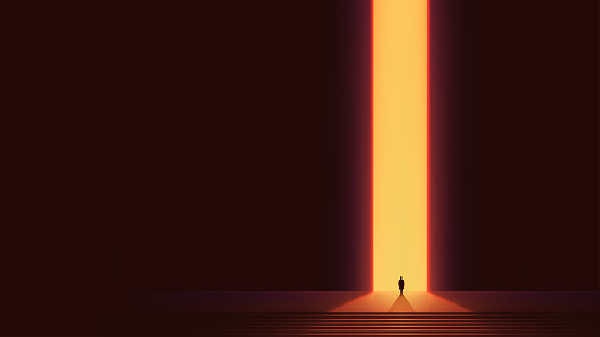 Man silhouette in front of glowing portal, futuristic vector background, Abstract cyberpunk architecture with gradient lighting