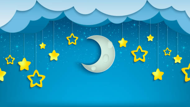 istock Night sky with half of moon and stars. 1184670611