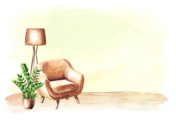 istock Chair in front of the empty wall. Interior or renovation concept, Watercolor hand drawn illustration with copy space 1184672132