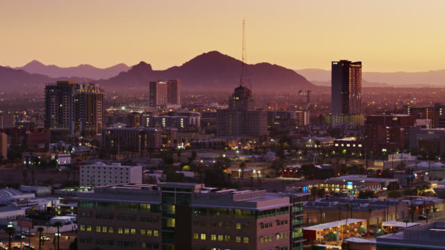 Aerial Establishing Shot of Downtown Phoenix at Sunrise