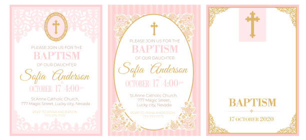 ilustrações de stock, clip art, desenhos animados e ícones de a set of cute pink templates for baptism invitations. vintage rose lace frame with golden cross. - batismo
