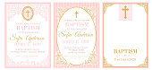istock A set of cute pink templates for Baptism invitations. Vintage rose lace frame with golden cross. 1184672393