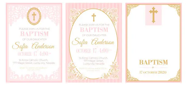 Vector illustration of A set of cute pink templates for Baptism invitations. Vintage rose lace frame with golden cross.