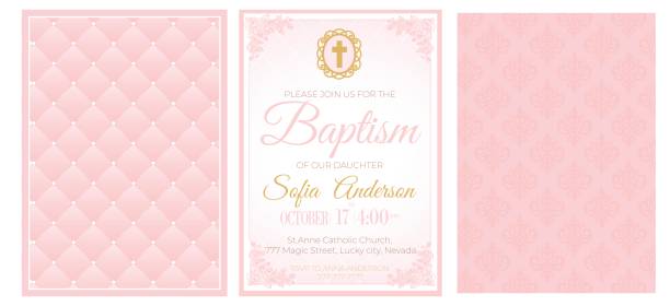 Baptism cute pink invitation template card. Set of illustration for baby girl christening ceremony, communion or confirmation. Little princess birthday, baby shower background. Blush soft rose color christening stock illustrations