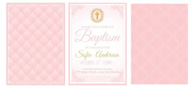 Vector illustration of Baptism cute pink invitation template card.