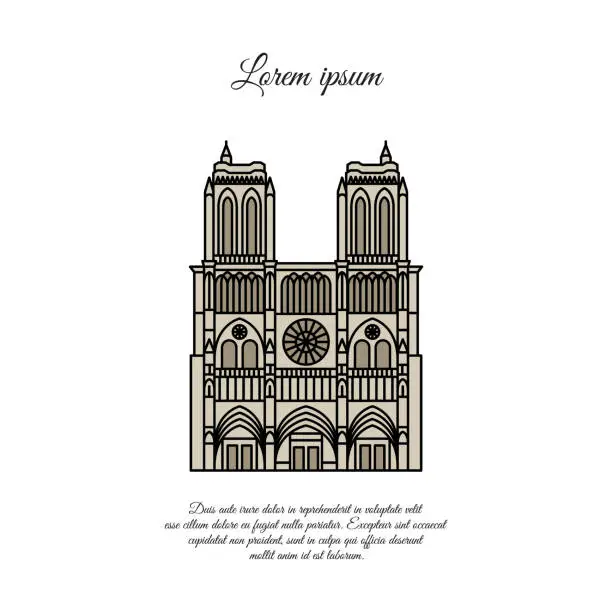 Vector illustration of Notre Dame de Paris color vector. Travel vector banner or logo. The famous Cathedral of Notre Dame de Paris, France. French landmark. The Catholic Church in the center of Paris, Gothic architecture