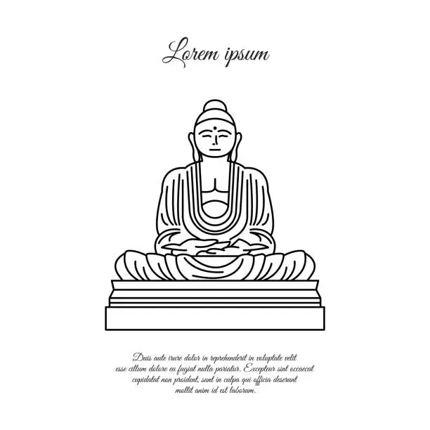 Vector illustration of Buddha statue line icon. linear style sign for mobile concept and web design. Buddha in meditation position outline vector icon. Buddhism symbol, logo illustration. Vector graphics black on white